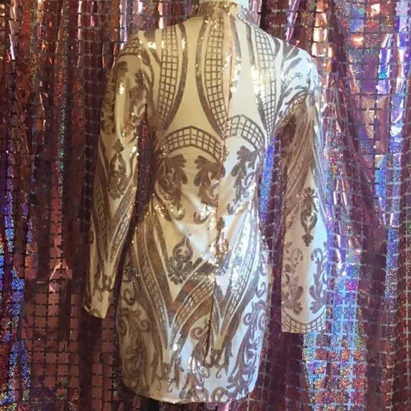 NWOT long sleeved dress with nude underlay & rose gold sequins throughout SM - Picture 10 of 14